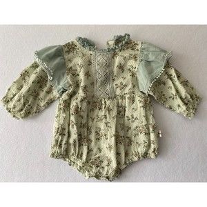 One Piece Snap Shirt Baby Girl Prairiecore Cottagecore Ruffles Floral Lace 0-3M